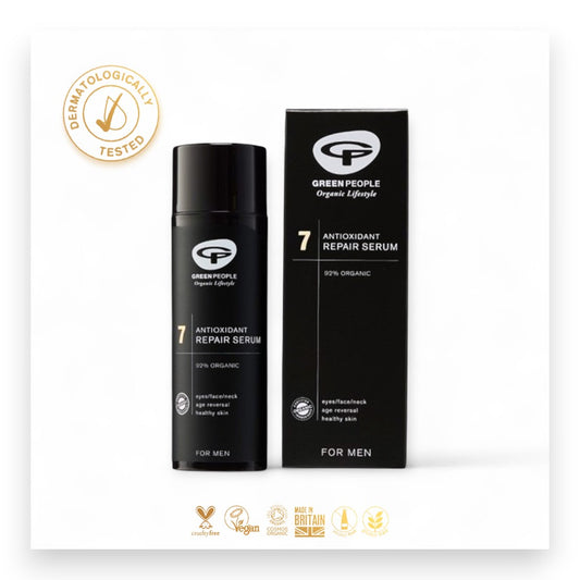 Schnelle Ergebnisse bei der Hautverjüngung. - Anti-Aging, Männerpflege, Bio, Vegan, Hautstraffung, Faltenreduktion, Naturkosmetik, Repair Serum, Multifunktional, Schnelle Ergebnisse, Green People, Naturinhalt, biorundum