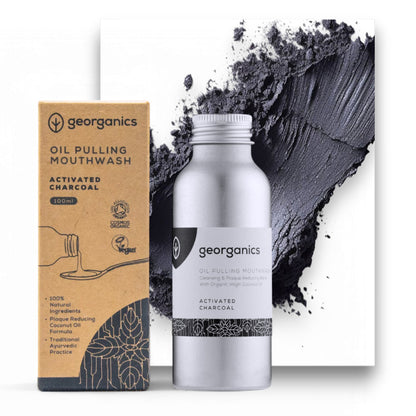 Erfrischende Aktivkohle Mundspülung von Georganics - Mundspülung, Georganics, Zahnfleischpflege, erfrischender Atem, natürliche Inhaltsstoffe, vegan, tierversuchsfrei, Mundhygiene, Aktivkohle - biorundum