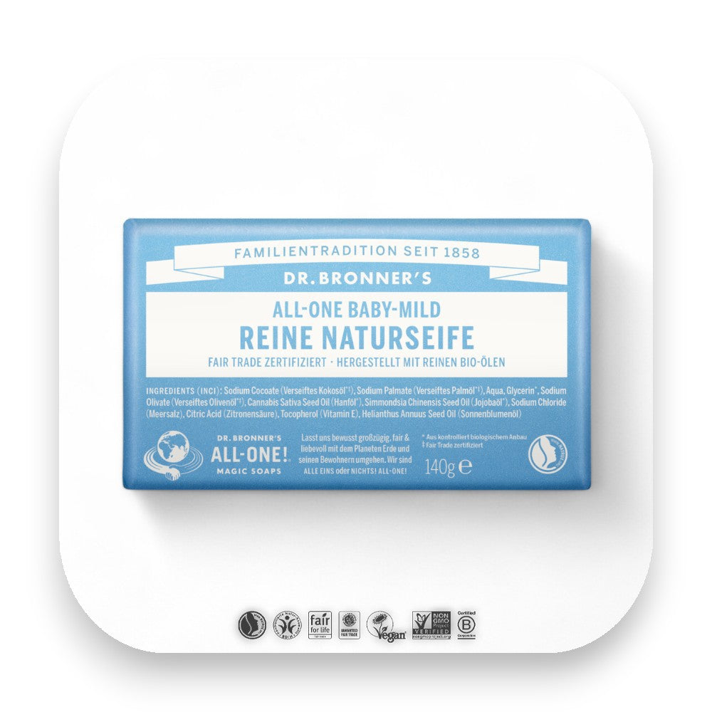 Dr Bronner Baby-Mild Seife für sanfte Babypflege. - Dr Bronner, Seife, Baby-Mild, milde Seife, pH neutrale Seife, Bio-Öle, Fair Trade, Allergikerfreundlich, sanfte Pflege, Naturseife, biorundum