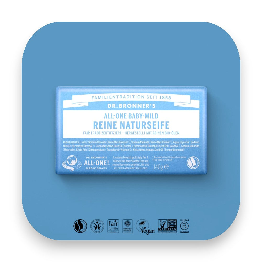 Bio-Seife ohne Duftstoffe – ideal für Allergiker. - Dr Bronner, Seife, Baby-Mild, milde Seife, pH neutrale Seife, Bio-Öle, Fair Trade, Allergikerfreundlich, sanfte Pflege, Naturseife, biorundum