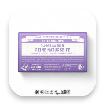 Dr Bronner Lavendel Seife für Entspannung und Pflege. - Dr Bronner, Seife, Lavendel, Lavendelseife, Bio-Öle, Fair Trade, entspannend, Hautpflege, Naturseife, sanfte Reinigung, biorundum
