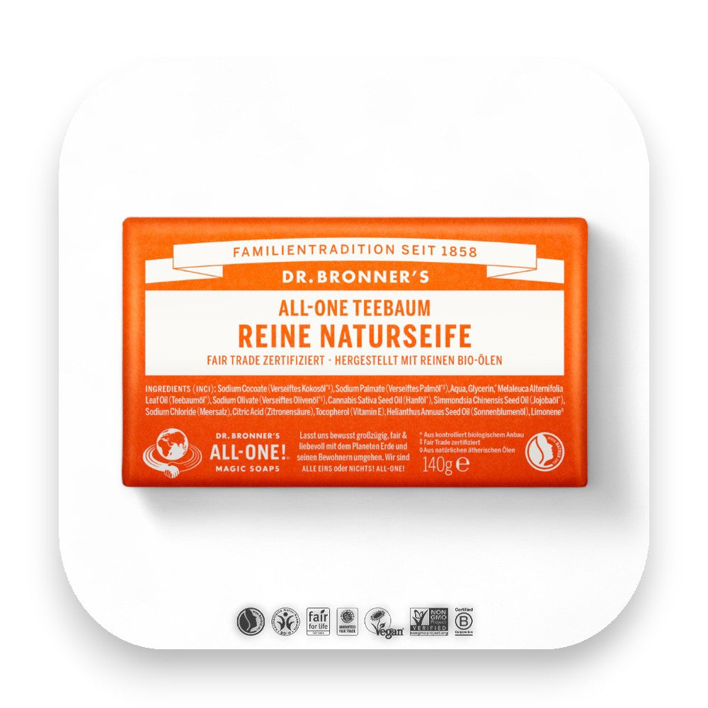 Dr Bronner Seife mit Teebaumöl – natürliche Pflege. - dr bronner, seife, teebaumöl, bio, fair trade, hautpflege, antiseptisch, vegan, natur, handgefertigt, biorundum