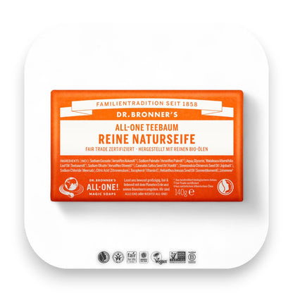 Dr Bronner Seife mit Teebaumöl – natürliche Pflege. - dr bronner, seife, teebaumöl, bio, fair trade, hautpflege, antiseptisch, vegan, natur, handgefertigt, biorundum