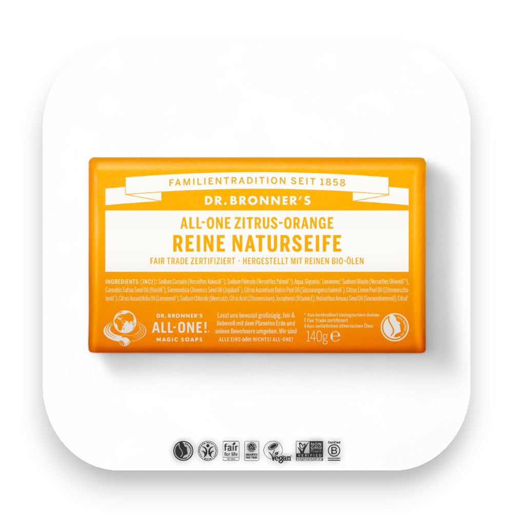 Sanfte Reinigung mit Zitrusduft - dr bronner, seife, zitrus orange, bio, fair trade, hautpflege, vegan, nachhaltig, natur, erfrischend, biorundum