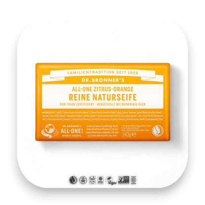 Sanfte Reinigung mit Zitrusduft - dr bronner, seife, zitrus orange, bio, fair trade, hautpflege, vegan, nachhaltig, natur, erfrischend, biorundum