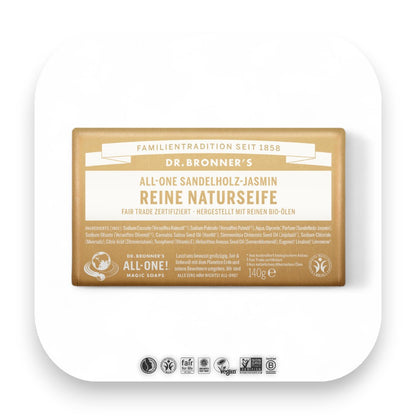 Sanfte Reinigung mit natürlichen Inhaltsstoffen - dr bronner, seife, sandelholz, bio, fair trade, hautpflege, vegan, nachhaltig, jasmin, natur, biorundum