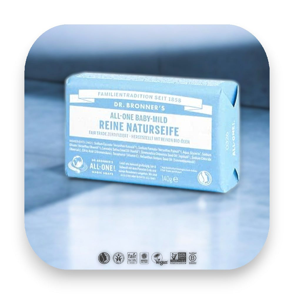 Sanfte Reinigung mit Dr Bronner Baby-Mild Seife. - Dr Bronner, Seife, Baby-Mild, milde Seife, pH neutrale Seife, Bio-Öle, Fair Trade, Allergikerfreundlich, sanfte Pflege, Naturseife, biorundum