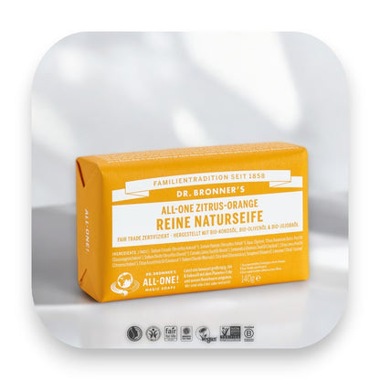 Dr Bronner Zitrus-Orange Seife – pure Erfrischung - dr bronner, seife, zitrus orange, bio, fair trade, hautpflege, vegan, nachhaltig, natur, erfrischend, biorundum