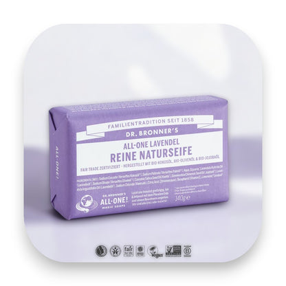 Sorgfältig ausgewählte Bio-Öle in der Dr Bronner Seife.  Dr Bronner, Seife, Lavendel, Lavendelseife, Bio-Öle, Fair Trade, entspannend, Hautpflege, Naturseife, sanfte Reinigung, biorundum