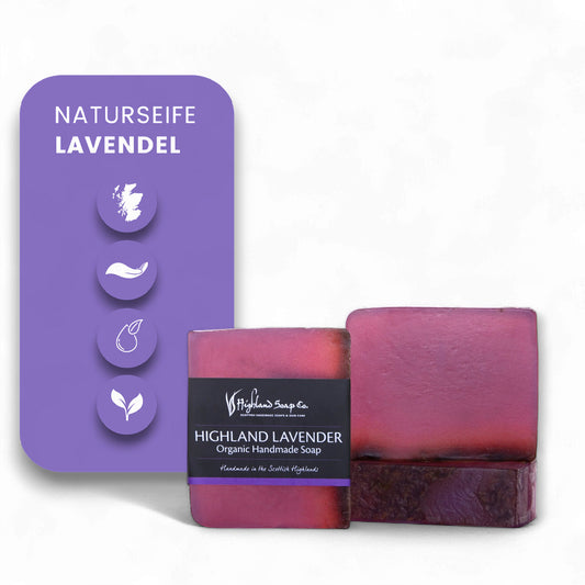 Handgemachte Seife mit ätherischem Lavendelöl - Naturseife, Lavendel, Highland Soap Company, Bio-Seife, vegane Seife, handgemacht, natürliche Inhaltsstoffe, Wellness, Hautpflege, Duft, Bio-Kosmetik, biorundum