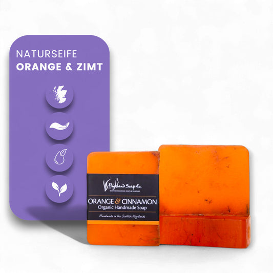 Handgefertigte Seife Orange mit Zimt - Naturseife, Orange, Zimt, Highland Soap Company, biologische Seife, gesunde Haut, vegane Pflege, Wohlfühlprodukt, Körperpflege, aromatische Seife, biorundum