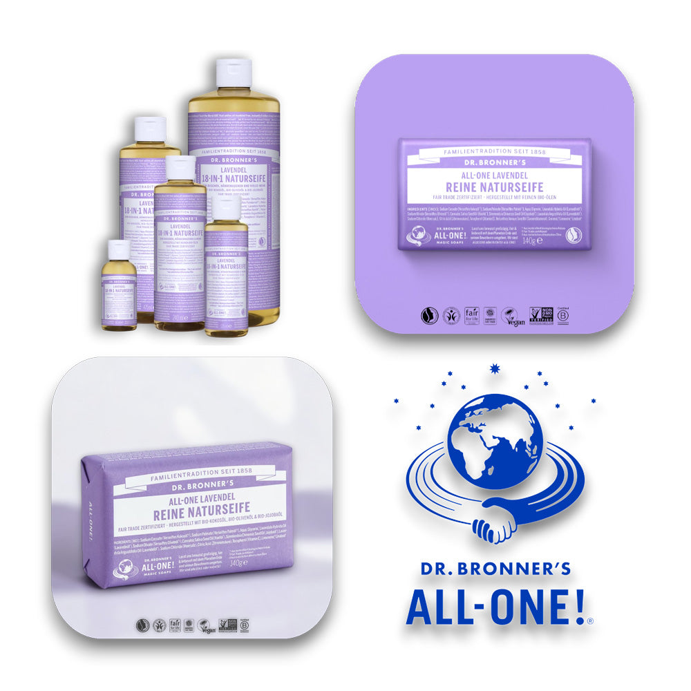 Zarter Lavendelduft für ein angenehmes Duscherlebnis. - Dr Bronner, Seife, Lavendel, Lavendelseife, Bio-Öle, Fair Trade, entspannend, Hautpflege, Naturseife, sanfte Reinigung, biorundum