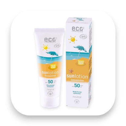 Eco Cosmetics Sonnenlotion LSF 50 wasserfest und pflegend - Sonnenlotion, eco cosmetics, lsf50, mit duft, ohne duft, mineralisch, bio pflege, empfindliche haut, wasserfest, sonnenschutz, biorundum