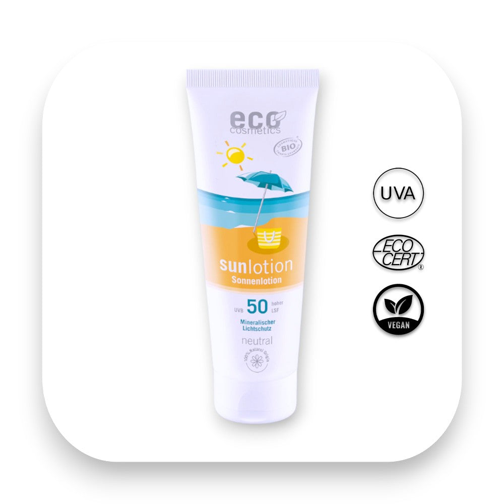 Eco Cosmetics Sonnenlotion neutral für sicheren Sonnenschutz - Sonnenlotion, eco cosmetics, lsf50, mineralisch, bio aloe vera, empfindliche haut, wasserfest, gesichtspflege, körperpflege, sonnenschutz, biorundum