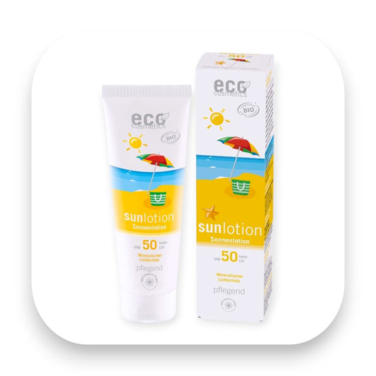 Sonnenlotion Eco Cosmetics LSF 50 mit Duft für intensiven Schutz - Sonnenlotion, eco cosmetics, lsf50, mit duft, ohne duft, mineralisch, bio pflege, empfindliche haut, wasserfest, sonnenschutz, biorundum