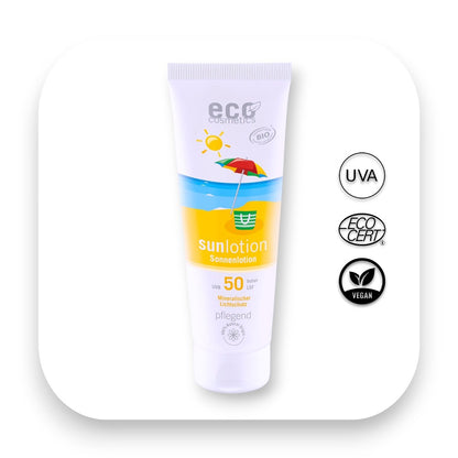 Bio Sonnenlotion mit mineralischem UV-Schutz und Duftvariante - Sonnenlotion, eco cosmetics, lsf50, mit duft, ohne duft, mineralisch, bio pflege, empfindliche haut, wasserfest, sonnenschutz, biorundum