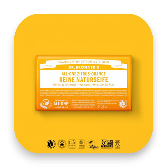 Erlebe die Frische der Zitrus-Orange - dr bronner, seife, zitrus orange, bio, fair trade, hautpflege, vegan, nachhaltig, natur, erfrischend, biorundum