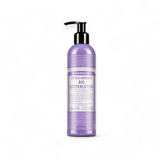 Bio Körperlotion mit Lavendel -  Dr. Bronner Bio Körperlotionen - Bodylotion, Bio Körperlotion, Dr. Bronner, natürliche Hautpflege, vegane Lotion, Jojobaöl, essentielle Öle, feuchtigkeitsspendend, nachhaltig, frei von Chemikalien, pH-balanced, Hautpflege, Pflegeprodukte, Aromatherapie, Umweltschutz